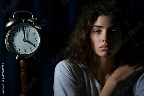 A woman struggles with insomnia, lying in bed staring at the ceiling with a clock nearby. Concept of sleepless nights and sleep disorders.