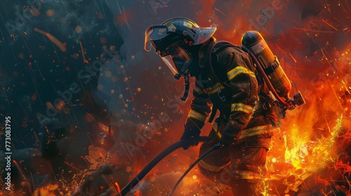 Close-up of fireman worker portrait. Emergency assistance, saving lives in a fire photo