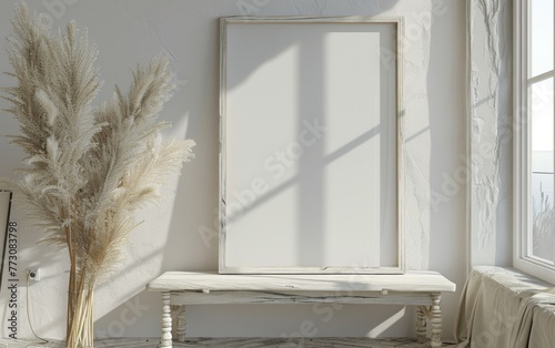 Mockup frame close up in coastal style home interior background, 3d render