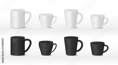 Realistic blank white and black coffee mug cups on white background. Templates for mock up. Hot drink container cup collection with shiny surface. Realistic 3D style. Vector illustration