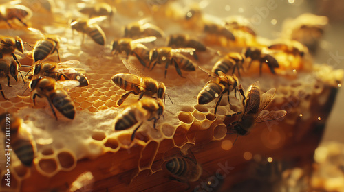 Zbliżenie na grupkę pszczół pracujących na plastrze miodu