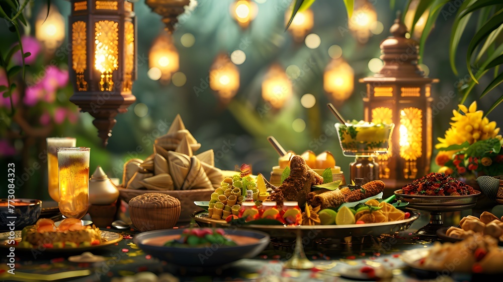 Modern ketupat and lantern lights paired with Eid al-Fitr culinary delights ai image