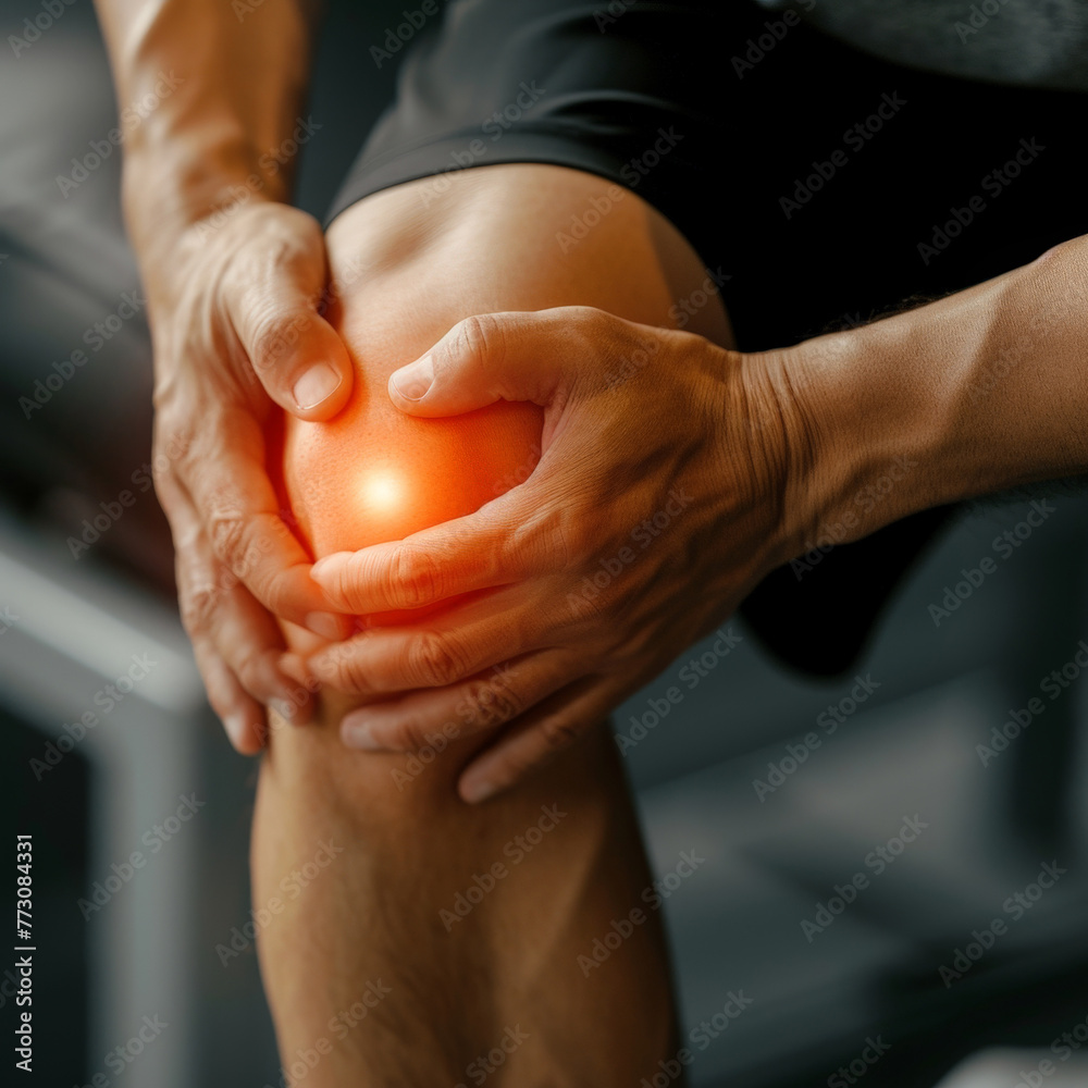 close up of a person holding knee, concept image knee pain or injury of cruciate ligament or cartilage - obrazy, fototapety, plakaty 