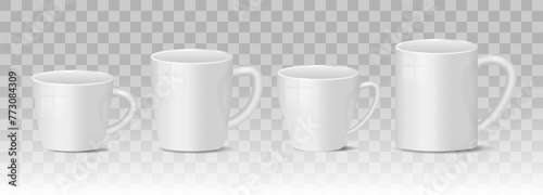 Realistic blank white and black coffee mug cups on white background. Templates for mock up. Hot drink container cup collection with shiny surface. Realistic 3D style. Vector illustration
