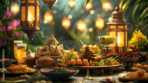 Modern ketupat and lantern lights paired with Eid al-Fitr culinary delights ai image