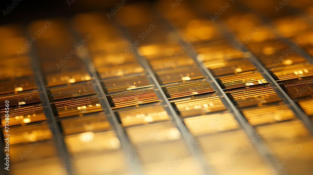 Close-up view of chip wafer with regular pattern in gold