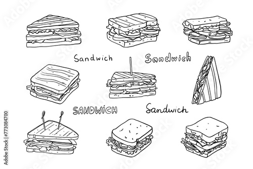 Big set of sandwiches with lettering in doodle style.  Fast food. Great for menu design, banners, websites, packaging. Hand drawn
