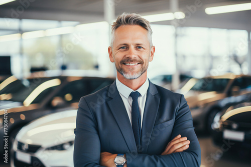 A car salesman manager stands among new vehicles in a showroom, ready to assist customers. Bright and inviting, the dealership offers a wide selection of cars for sale. © Klemenso