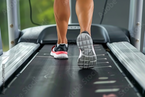 closeup of feet running on treadmill belt