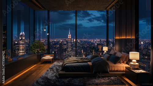 A lavish bedroom interior featuring a panoramic night city view through floor-to-ceiling windows. Luxurious bedding and modern furnishings create an opulent ambiance. 8K