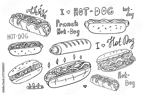 Big set of hot dogs with lettering in doodle style. French hot dog. Fast food. Great for menu design, banners, websites, packaging. Hand drawn