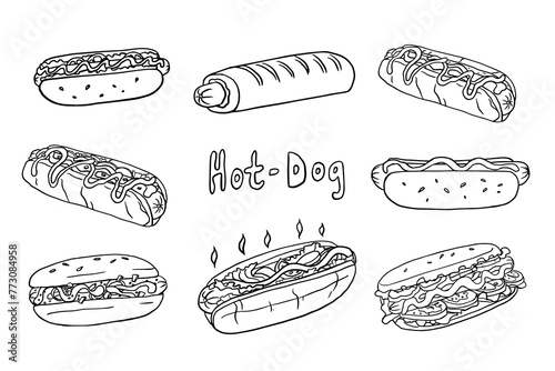 Set of hot dogs with lettering in doodle style. French hot dog. Fast food. Great for menu design, banners, websites, packaging. Hand drawn