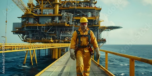 Oil worker in safety gear on an offshore oil rig symbolizing the highrisk hig. Concept Offshore Oil Rig, Safety Gear, High Risk, Oil Worker, Symbolism photo