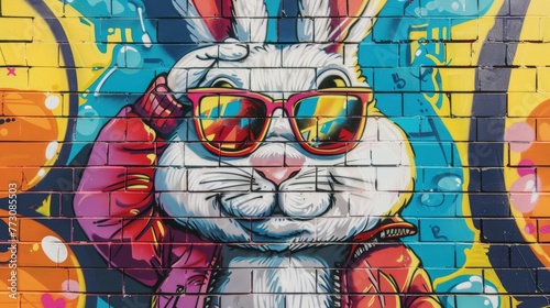 Vibrant graffiti on a brick wall depicting a stylish rabbit with colorful sunglasses, showcasing urban street art culture.