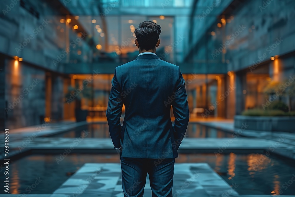 Back of a businessman in suit with business background Back of a businessman in suit with business background