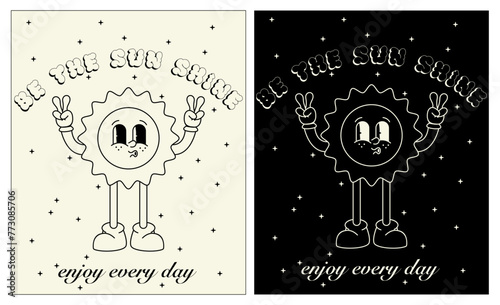Collection groovy poster with sun character in 90s retro style