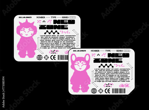 Futuristic technology frame for design with pixel Y2k girl characters. Vector set