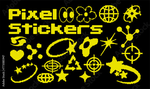 Y2k  pixel  stickers. Trendy abstract  shapes, universal objects for design, projects, posters, banners and business cards. Elements collection