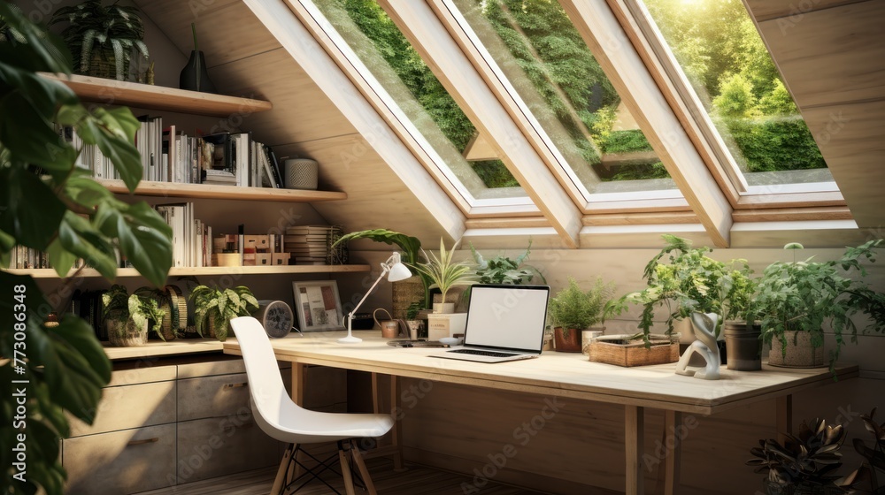 Working desk with natural light on the attic. In the style of hygge