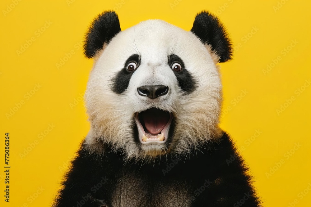 Surprised panda with wide eyes and open mouth, amazed expression, yellow background - obrazy, fototapety, plakaty 