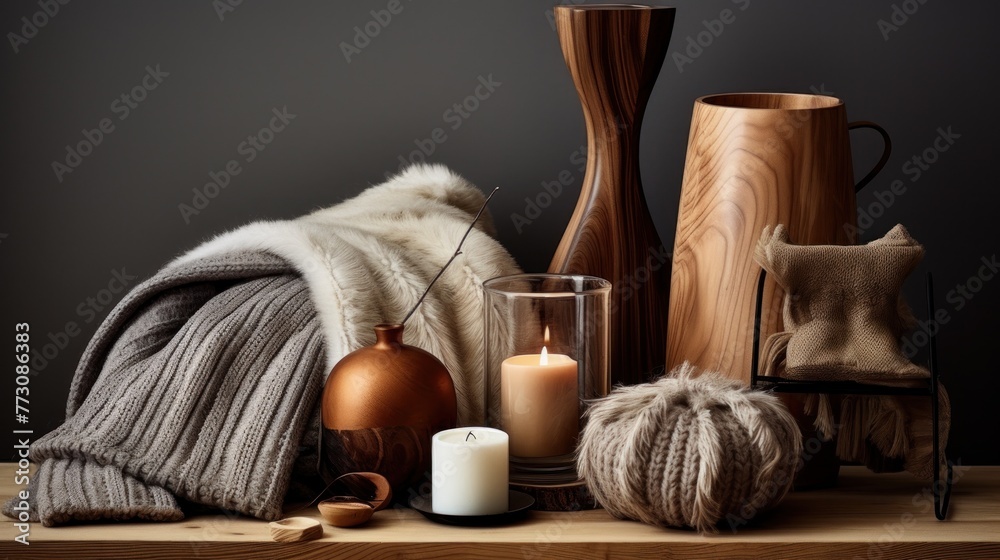 Wooden accessories and decor elements. In the spirit of hygge. - obrazy, fototapety, plakaty 