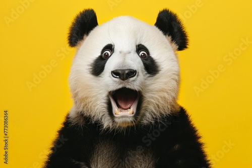 Surprised panda with wide eyes and open mouth, amazed expression, yellow background