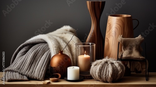 Wooden accessories and decor elements. In the spirit of hygge. photo