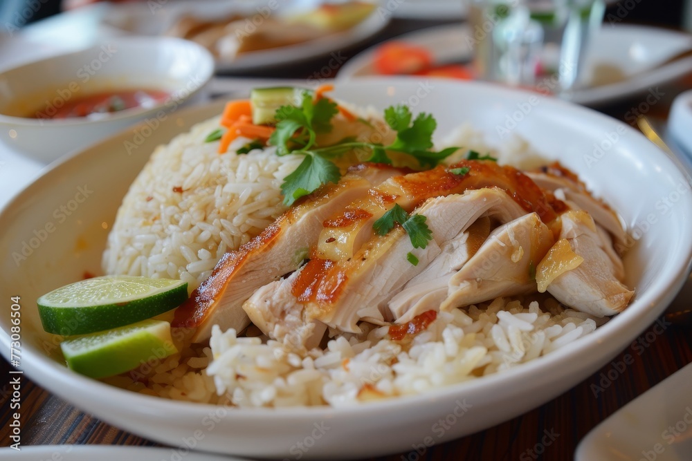 A plate of rice with sliced chicken and lime called A plate of rice with sliced chicken and lime called