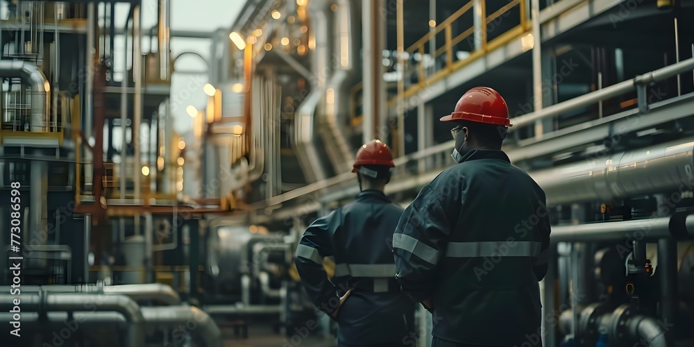 Workers in a chemical plant prioritize safety while operating gas processing equipment in the plastic industry. Concept Chemical Safety, Gas Processing Equipment, Plastic Industry - obrazy, fototapety, plakaty 