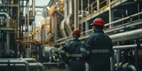 Workers in a chemical plant prioritize safety while operating gas processing equipment in the plastic industry. Concept Chemical Safety, Gas Processing Equipment, Plastic Industry