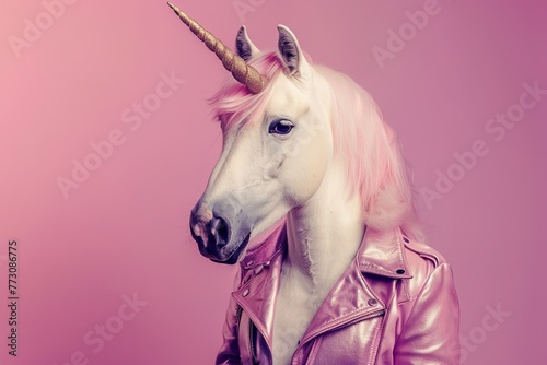 Unicorn wearing a pink leather jacket on pink background  anthropomorphism vibe