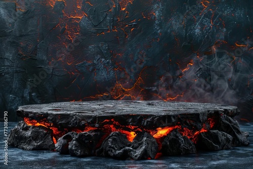 Volcanic Lava Podium Rock, Fiery Magma Product Display Background