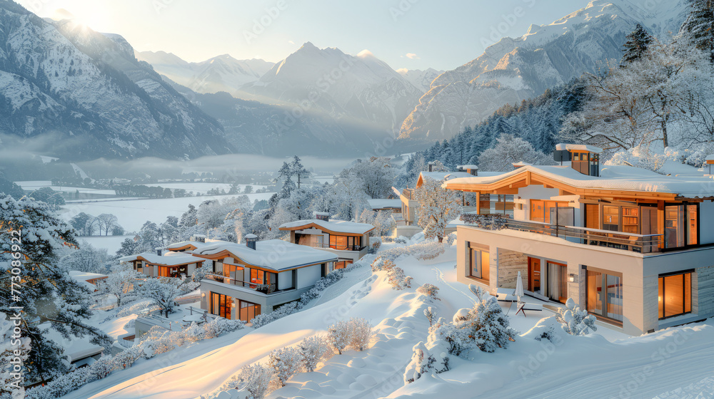 Fototapeta premium Modern Eco-Living Sustainable Modern Architecture Amidst Mountain Scenery Digital Art Background Poster Brainstorming Card