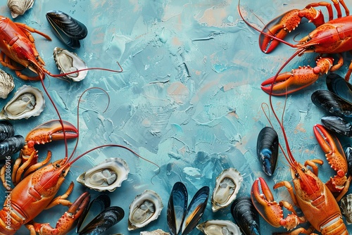 Banner with mussels clams, shellfish, lobster and other seafood delicacies on a watercolor blue background, ocean vibe