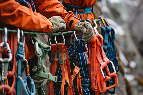 climber tries on different sizes of safety harnesses