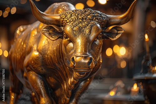 Bull made of gold, bull market concept, crypto and finance
