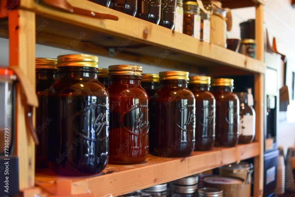 organized shelf of coffee jars in a caf organized shelf of coffee jars in a caf