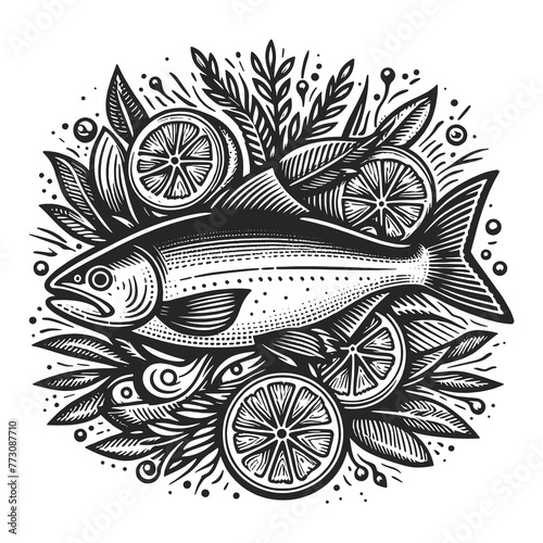 fresh fish surrounded by citrus slices and herbs, capturing the essence of gourmet seafood cuisine sketch engraving generative ai raster illustration. Scratch board imitation. Black and white image.