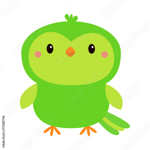 Parrot bird toy icon. Big eyes. Green color feather. Funny Kawaii animal standing. Kids print. Cute cartoon baby character. Pet collection. Childish style. Flat design. White background. Vector