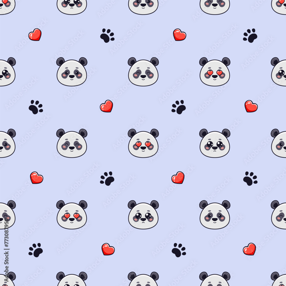 Vector seamless pattern with cute pandas, hearts love and footprints on blue background Vector seamless pattern with cute pandas, hearts love and footprints on blue background