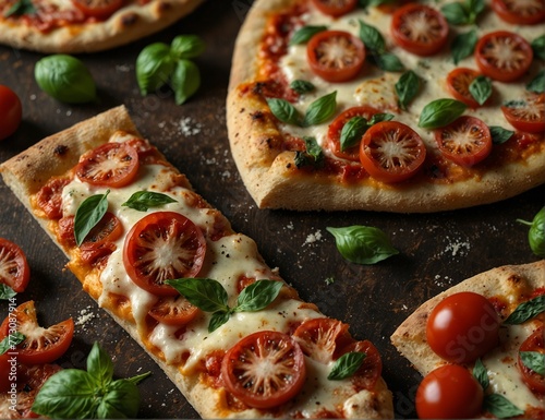 mamma mia ! Italian Pizza, with spices and toppings, cheese and tomatoes with mint leaves garnishing . photo