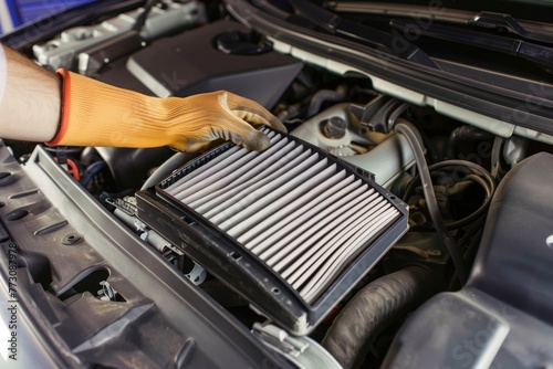 a person with gloves holding a car air filter beside the engine