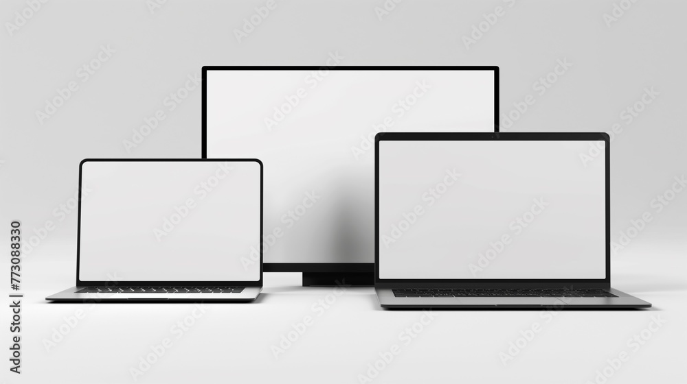 Laptop, Computer Monitor Mockup, Design with Empty Screen, 3D Illustration Laptop, Computer Monitor Mockup, Design with Empty Screen, 3D Illustration