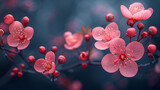 Vibrant pink cherry blossoms with dew drops against a moody blue background.