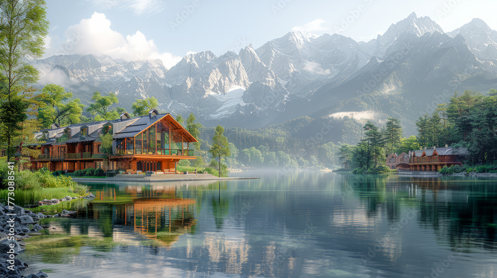 Naklejka premium Modern Eco-Living Sustainable Modern Architecture Amidst Mountain Scenery Digital Art Background Poster Brainstorming Card