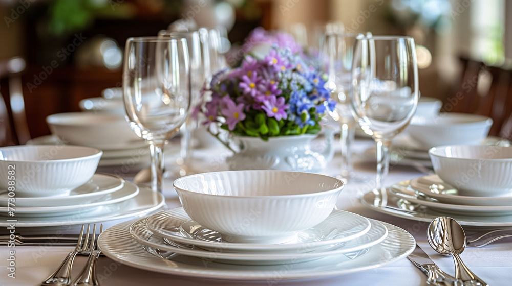 Elegant table setting with fine china, glassware, and a centerpiece of fresh flowers, ready for a formal dining event.