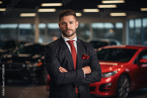 A car salesman manager stands among new vehicles in a showroom  ready to assist customers. Bright and inviting  the dealership offers a wide selection of cars for sale.