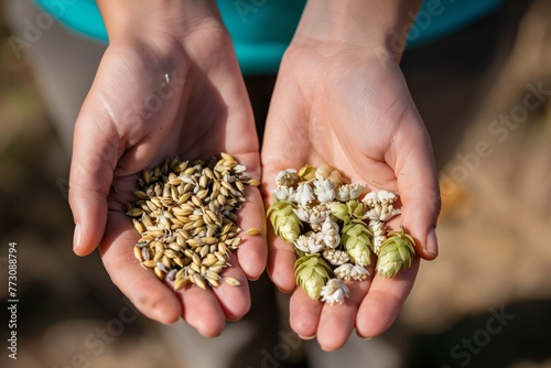 visitor holding hops and barley grains in hands