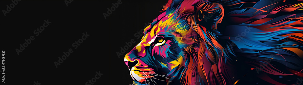 Vibrant Polygonal Lion Side Portrait Against Dark Background Vibrant Polygonal Lion Side Portrait Against Dark Background