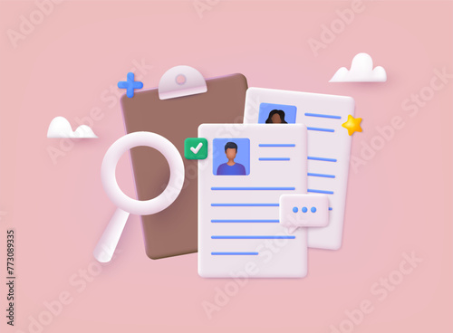 Resume. Human resource management and hiring concept. Job interview, recruitment agency. 3D Vector Illustrations.